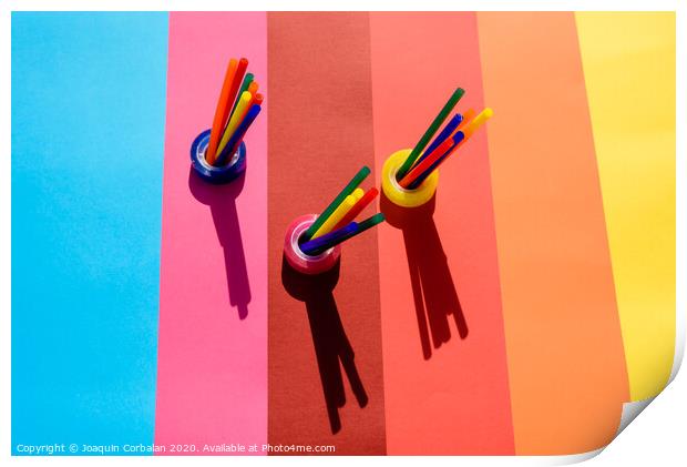 Plastic is a material for making recyclable colorful office supplies. Print by Joaquin Corbalan