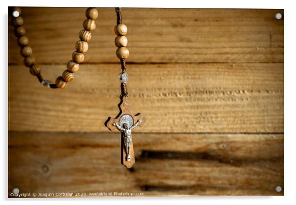 Rosary with wooden beads and Christian cross. Acrylic by Joaquin Corbalan