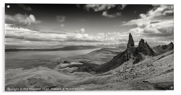 Panoramic view of the Old Man of Storr. B&W. Acrylic by Phill Thornton