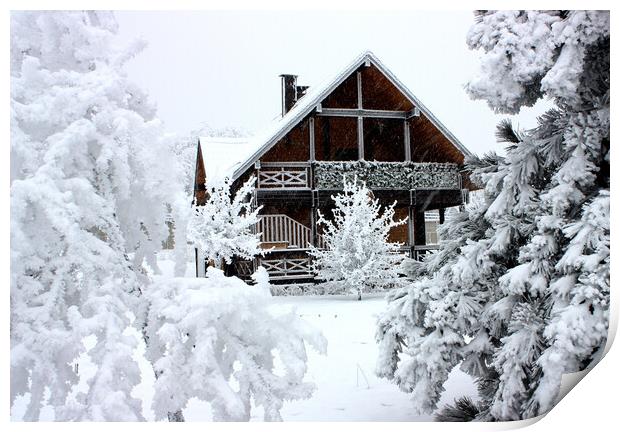 Cottage in winter.  Print by Mikhail Pogosov