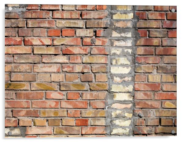 On an old wall of red bricks a separated vertical fragment of the old silicate brick Acrylic by Sergii Petruk