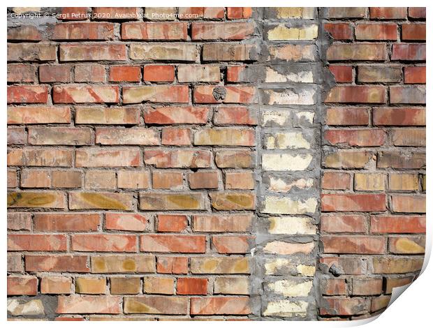 On an old wall of red bricks a separated vertical fragment of the old silicate brick Print by Sergii Petruk