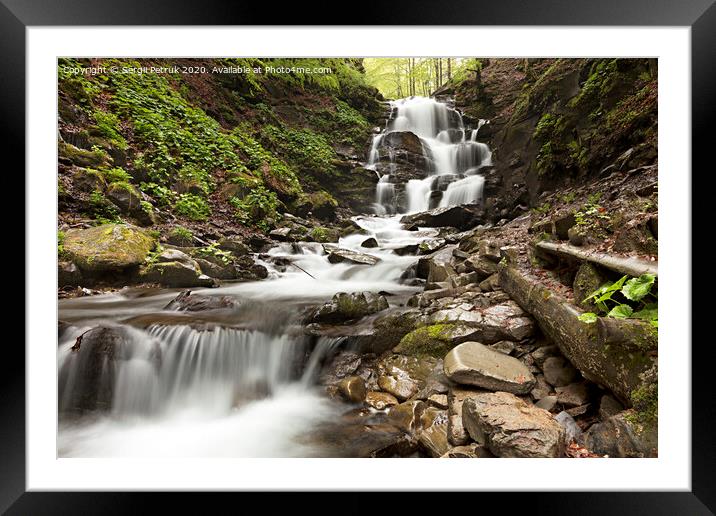 Cascade of boulders on the waterfall of a fast mountain river between the hills of the Carpathian Mountains. Framed Mounted Print by Sergii Petruk