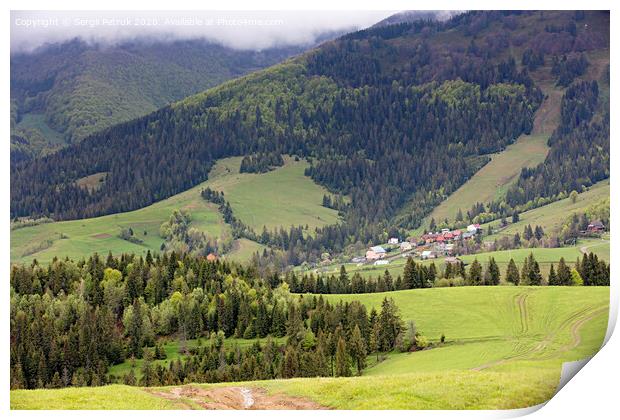 Carpathians. Mountain landscape. Village in the valley among coniferous forests Print by Sergii Petruk