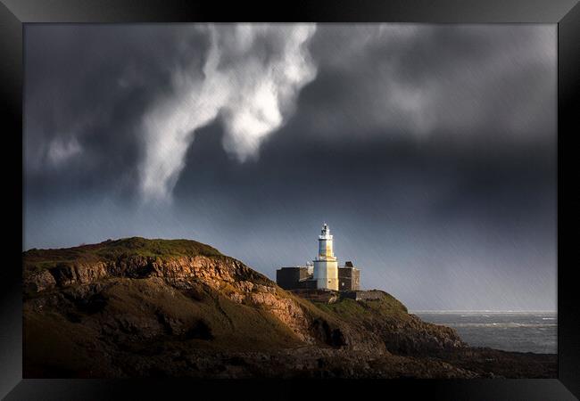 Mumbles lighthouse in the rain Framed Print by Leighton Collins