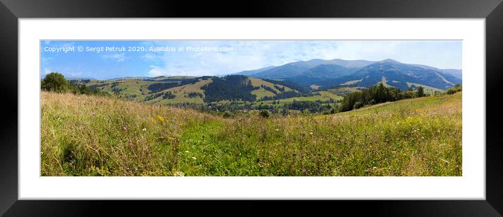 Beautiful panorama of Carpathian mountains in summer against the background of green grass, blue sky and light white clouds. Framed Mounted Print by Sergii Petruk