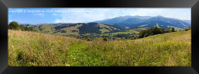 Beautiful panorama of Carpathian mountains in summer against the background of green grass, blue sky and light white clouds. Framed Print by Sergii Petruk