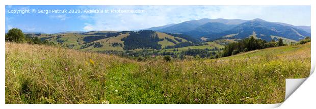 Beautiful panorama of Carpathian mountains in summer against the background of green grass, blue sky and light white clouds. Print by Sergii Petruk