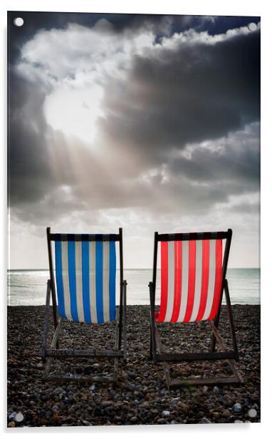 Deckchairs Beer Beach, Devon. Uk Acrylic by Maggie McCall