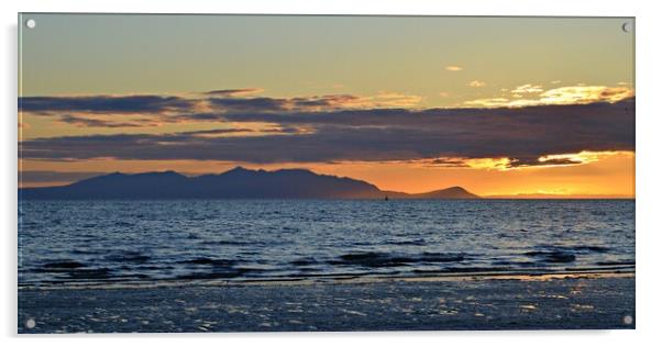 Ayr beach view  of picturesque Arran at sunset Acrylic by Allan Durward Photography