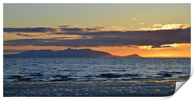 Ayr beach view  of picturesque Arran at sunset Print by Allan Durward Photography
