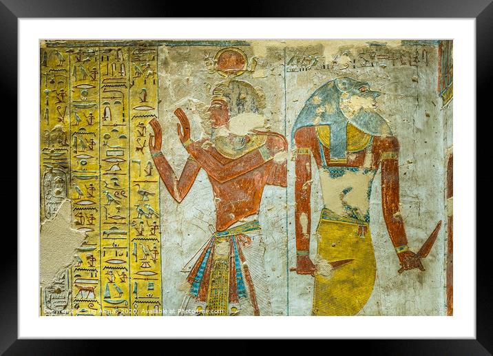 Ancient egyptian painting of two gods in a tomb in the valley of the kings Framed Mounted Print by Stig Alenäs