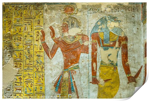 Ancient egyptian painting of two gods in a tomb in the valley of the kings Print by Stig Alenäs