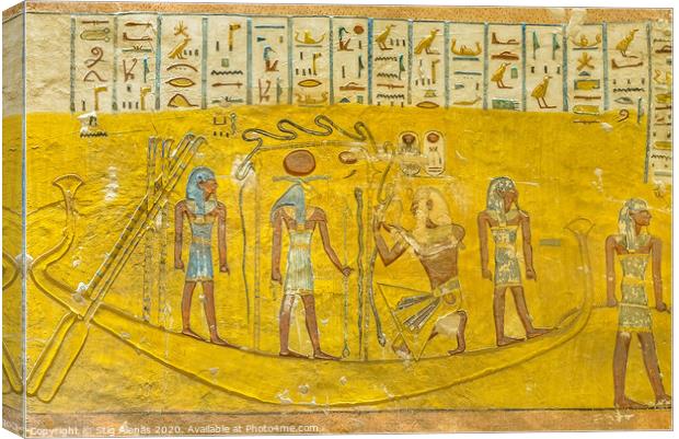 Ancient mural of an egyptian boat in the interior of a tomb in the valley of the kings Canvas Print by Stig Alenäs