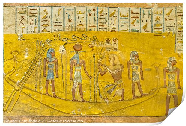 Ancient mural of an egyptian boat in the interior of a tomb in the valley of the kings Print by Stig Alenäs