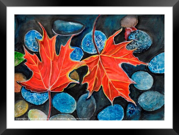 Fall Autumn Leaves on pebbles watercolor landscape Framed Mounted Print by Manjiri Kanvinde