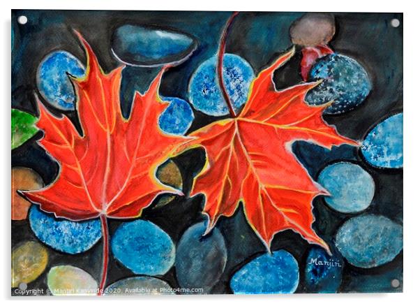 Fall Autumn Leaves on pebbles watercolor landscape Acrylic by Manjiri Kanvinde