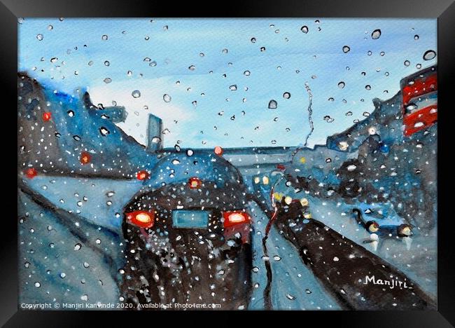 Long drive on Highway romantic rainy painting Framed Print by Manjiri Kanvinde