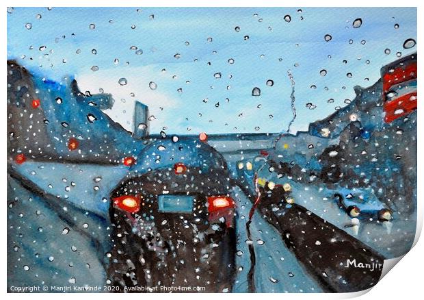 Long drive on Highway romantic rainy painting Print by Manjiri Kanvinde