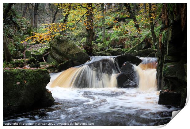 Autumn waterfall in Padley Gorge Print by Stephen Morrison