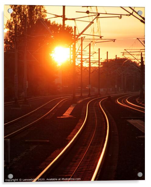 Sunset reflected on train tracks Acrylic by Lensw0rld 