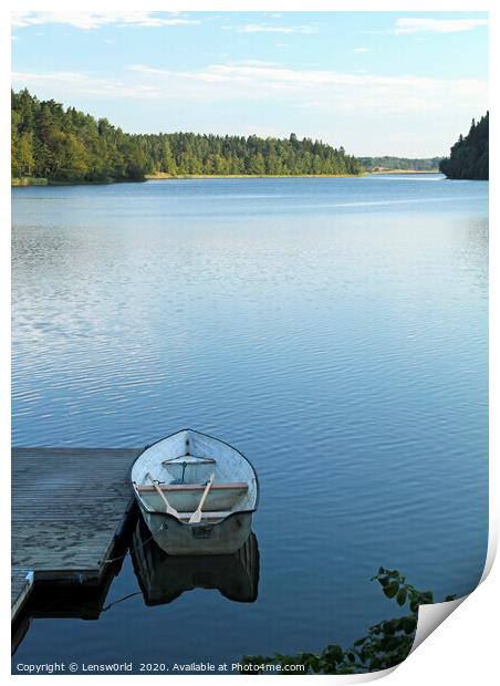 Calm lake with rowboat in Sweden Print by Lensw0rld 