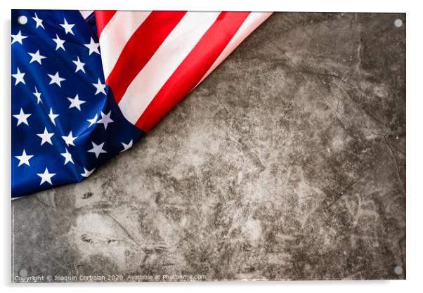 Striking colored American flag isolated in a corner on a stone gray background. Acrylic by Joaquin Corbalan