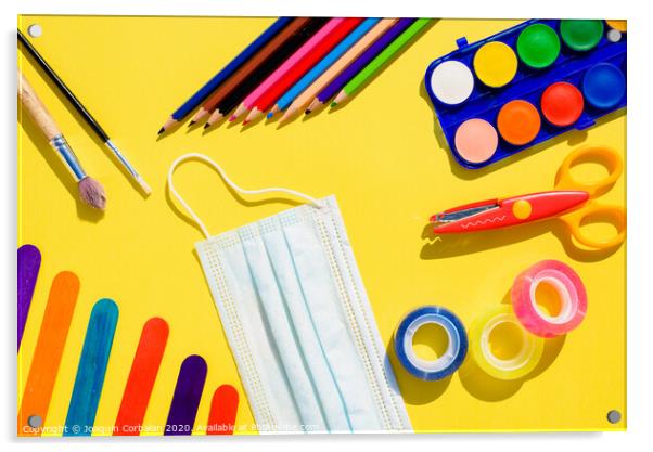 School supplies next to a face mask, flat lay background back to school. Acrylic by Joaquin Corbalan