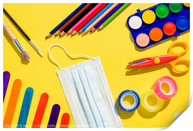 School supplies next to a face mask, flat lay background back to school. Print by Joaquin Corbalan