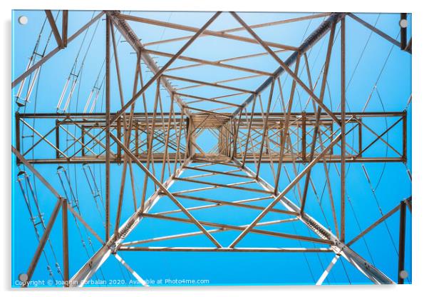 Electricity is transported by thick cables attached to metal towers. Acrylic by Joaquin Corbalan