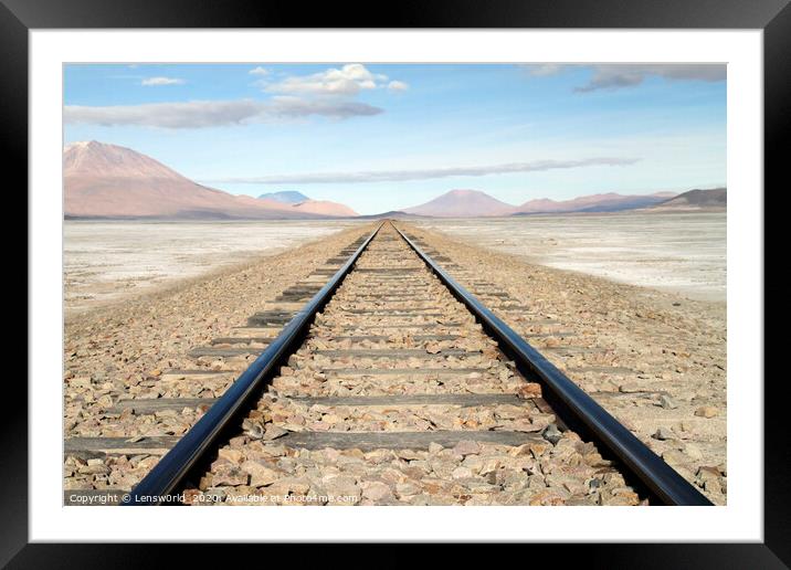Rail tracks in Salar de Uyuni, Bolivia Framed Mounted Print by Lensw0rld 