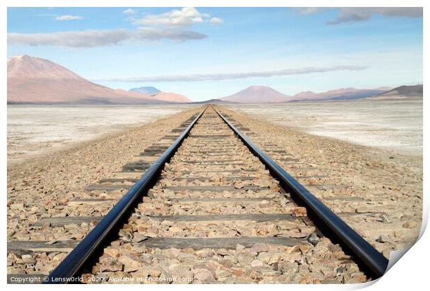 Rail tracks in Salar de Uyuni, Bolivia Print by Lensw0rld 