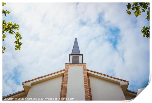 Facade of an evangelical church with smooth white walls and a cloudy sky background. Print by Joaquin Corbalan