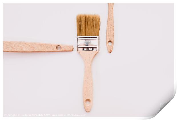Simple background with new wooden paintbrushes isolated on white studio background. Print by Joaquin Corbalan
