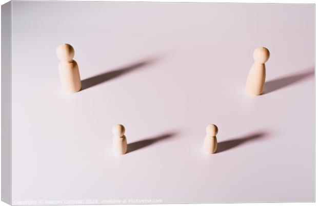 Representation of people keeping social distance, group of wooden figures on white background, Canvas Print by Joaquin Corbalan