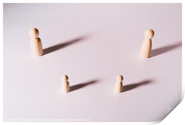 Representation of people keeping social distance, group of wooden figures on white background, Print by Joaquin Corbalan