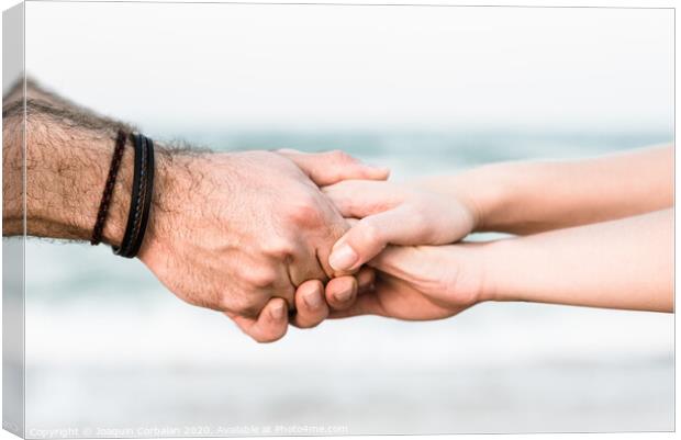 Two hands joined as a symbol of friendship with unfocused background. Canvas Print by Joaquin Corbalan