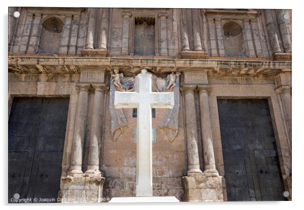 Cross carved in white stone, erected in front of a Christian religious church. Acrylic by Joaquin Corbalan