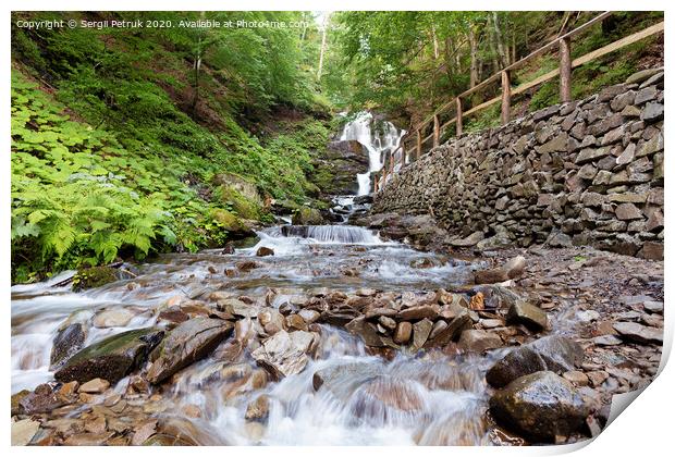 Cascade waterfall Shipit on a fast mountain river between the hills of the Carpathian Mountains. Print by Sergii Petruk