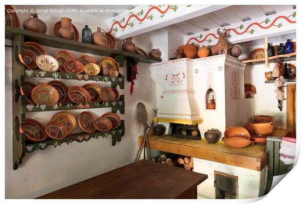 Design of an old oven and kitchen ware in an old Ukrainian farmhouse. Print by Sergii Petruk