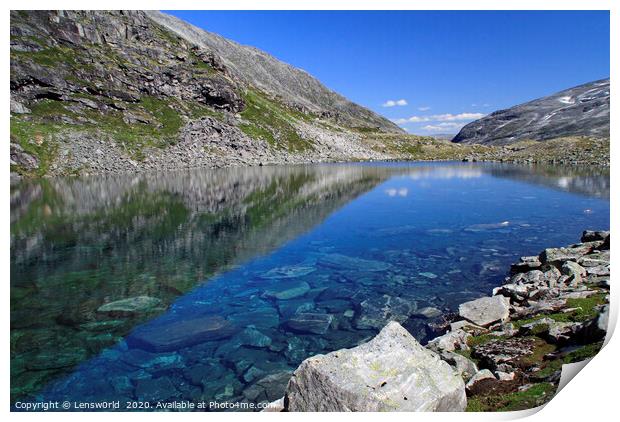 Small lake with clear meltwater in Norway Print by Lensw0rld 