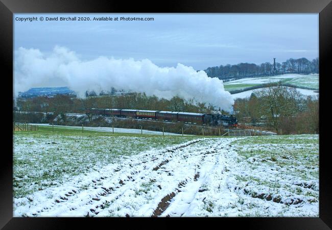 Steam train 73129 in snowy landscape. Framed Print by David Birchall