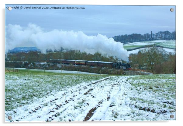 Steam train 73129 in snowy landscape. Acrylic by David Birchall