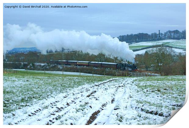 Steam train 73129 in snowy landscape. Print by David Birchall