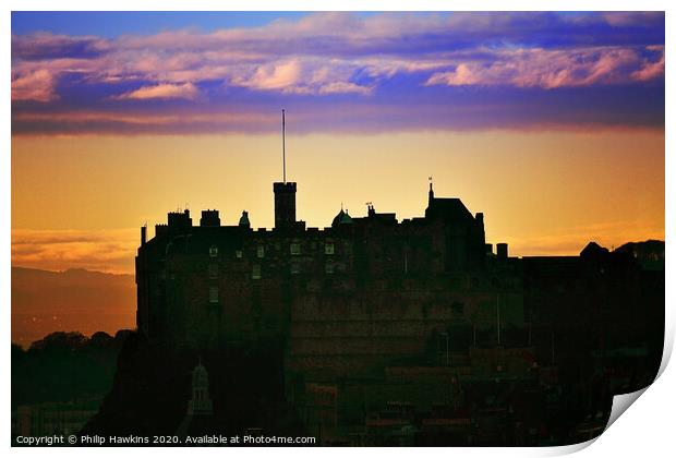 Edinburgh Castle sunset silhouette  Print by Philip Hawkins