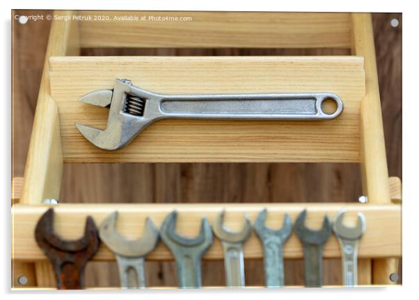 Old Construction tools on wooden slats close-up Acrylic by Sergii Petruk