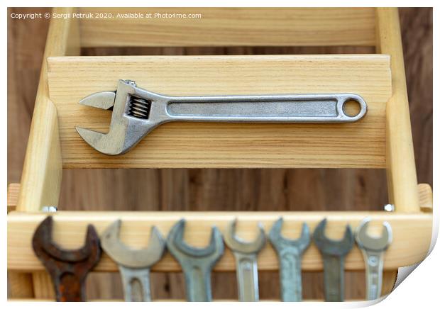 Old Construction tools on wooden slats close-up Print by Sergii Petruk