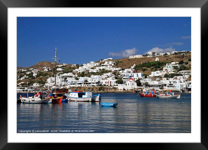 Fishing boats in the harbor of Mykonos Framed Mounted Print by Lensw0rld 
