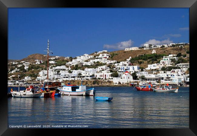 Fishing boats in the harbor of Mykonos Framed Print by Lensw0rld 