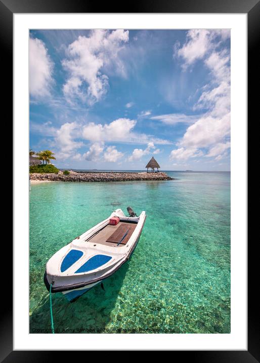 Boat in the shallow tropical lagoon Framed Mounted Print by Jenny Rainbow